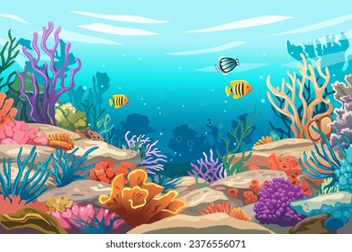 Background sea world in the flat cartoon design. Marvels of nature as schools of fish, coral reefs, graceful sea creatures come to life, highlighting beauty of the ocean. Vector illustration.