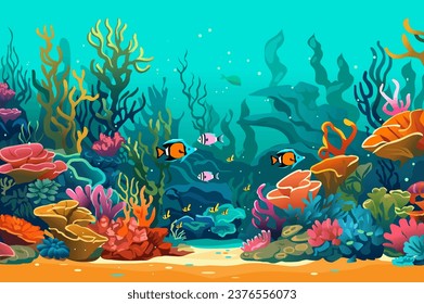 Background sea world in the flat cartoon design. Underwater background creates a serene atmosphere, making it the perfect setting to witness the wonders of the sea world unfold. Vector illustration.