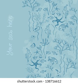 Background with sea world seamless pattern, under water world wallpaper with fish,octopus and vegetation