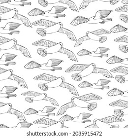Background with seagulls, many birds, sky. Sea bird. Coloring book for children and adults. For textiles, wallpaper, paper. Handmade graphics, isolate. 