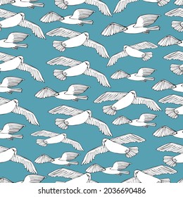 Background with seagulls, many birds, sky. Sea bird. Coloring book for children and adults. For textiles, wallpaper, paper. Handmade graphics, isolate. 