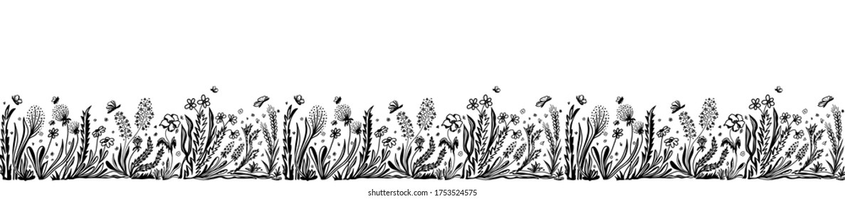 Background with seamless border in floral style black on white for banner or card or for decoration different things