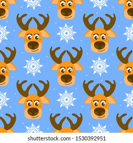 Background seamless Christmas with deer faces and snowflakes on a blue background. For textiles, background, Wallpaper, wrapping paper, fabric, pajamas.