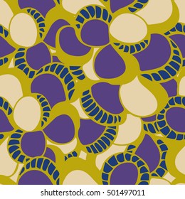 Background of seamless colored pattern with abstract sea shells. Cloth design. Wallpaper, wrapping