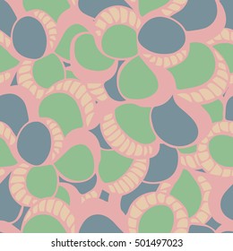 Background of seamless colored pattern with abstract sea shells. Cloth design. Wallpaper, wrapping