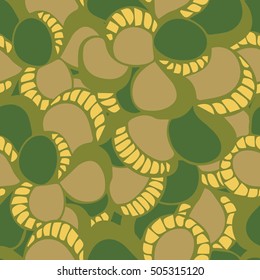 Background of seamless colored pattern with abstract sea shells. Cloth design. Wallpaper, wrapping