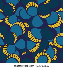 Background of seamless colored pattern with abstract sea shells. Cloth design. Wallpaper, wrapping