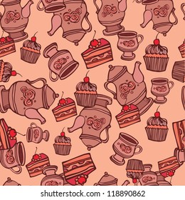 background seamless with cupcake and tea set