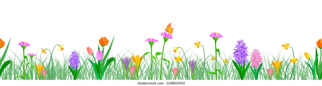 Background seamless extendable to endless pattern of colored spring flowers: hyacinth, tulip, crocus, narcissus. Vector
Isolated illustration on white background in flat style.