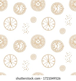 Background seamless feathers and clock pattern abstract. Gold isolated on white. Vector illustration.