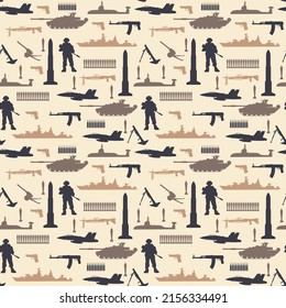 Background Seamless Flat Pattern With Military Equipment Icons. Silhouette Of Military Concept Soldier With Weapons.  