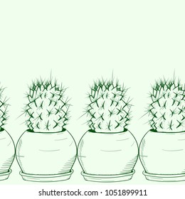 Background seamless  with a green cactus in a pot drawn by hand