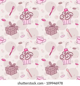 Background Seamless Illustration Featuring Presents, Cupcakes, and Tea