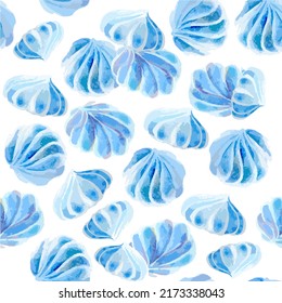 Background seamless light blue watercolor meringue cakes. The texture of Desserts made of sweets for packaging design. Confectionery for cafes.