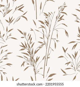 Background seamless with pampas grass. Wild grass. Natural tones. Vector botanical illustration. Beige and white background. Engraving style. 