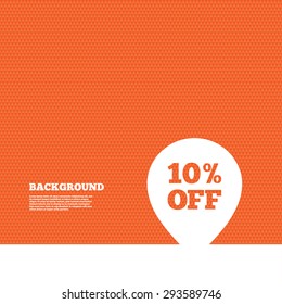 Background with seamless pattern. 10% sale pointer tag sign icon. Discount symbol. Special offer label. Triangles orange texture. Vector