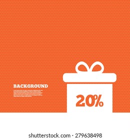 Background with seamless pattern. 20% sale gift box tag sign icon. Discount symbol. Special offer label. Triangles orange texture. Vector