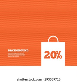 Background with seamless pattern. 20% sale bag tag sign icon. Discount symbol. Special offer label. Triangles orange texture. Vector