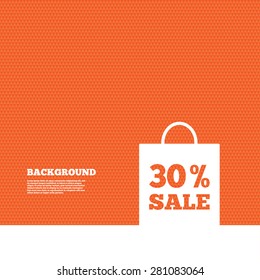 Background with seamless pattern. 30% sale bag tag sign icon. Discount symbol. Special offer label. Triangles orange texture. Vector