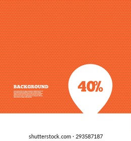 Background with seamless pattern. 40% sale pointer tag sign icon. Discount symbol. Special offer label. Triangles orange texture. Vector