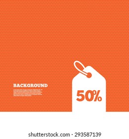 Background with seamless pattern. 50% sale price tag sign icon. Discount symbol. Special offer label. Triangles orange texture. Vector