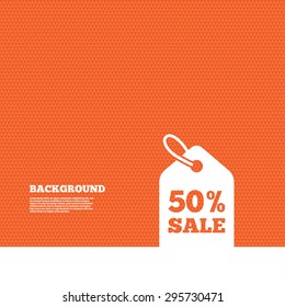 Background with seamless pattern. 50% sale price tag sign icon. Discount symbol. Special offer label. Triangles orange texture. Vector