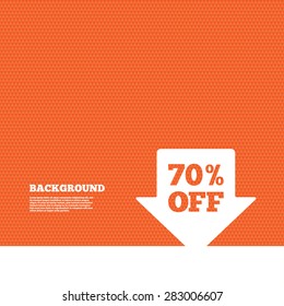 Background with seamless pattern. 70% sale arrow tag sign icon. Discount symbol. Special offer label. Triangles orange texture. Vector