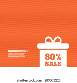 Background with seamless pattern. 80% sale gift box tag sign icon. Discount symbol. Special offer label. Triangles orange texture. Vector