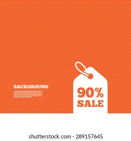 Background with seamless pattern. 90% sale price tag sign icon. Discount symbol. Special offer label. Triangles orange texture. Vector