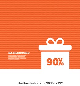 Background with seamless pattern. 90% sale gift box tag sign icon. Discount symbol. Special offer label. Triangles orange texture. Vector