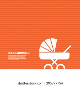 Background with seamless pattern. Baby pram stroller sign icon. Baby buggy. Baby carriage symbol. Triangles orange texture. Vector