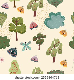 Background, seamless pattern, backdroptrees, forest, butterflies, summer background, hand drawn vector.