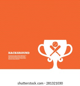 Background with seamless pattern. Baseball bats and ball sign icon. Sport hit equipment symbol. Winner award cup. Triangles orange texture. Vector