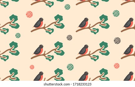 background seamless pattern of bird climbed up tree, vector graphic illustration design