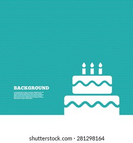 Background with seamless pattern. Birthday cake sign icon. Cake with burning candles symbol. Triangles green texture. Vector