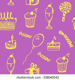 Background seamless pattern of birthday with cake, balloons, gifts and candy vector illustration on a pink background