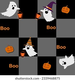 ็Halloween background seamless pattern. black and gray color checked or gingham or Tartan with cute ghost and pumpkin. Boo ghost.