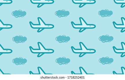 background seamless pattern of blue airplane and sky, vector graphic illustration design