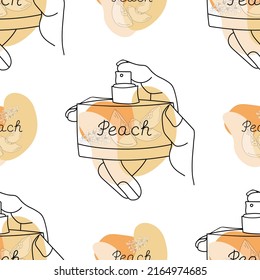 Patrón de fondo sin fisuras con una botella de perfume en manos de una niña. Formas abstractas de color naranja con letras Peach y duraznos. Símbolo de ilustración de vector para impresión, para papel de embalaje