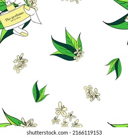 Background seamless pattern with a bottle of perfume in the hands of a girl and flowers with leaves. Vector illustration symbol for print, for packing paper, for cosmetics store, textile.