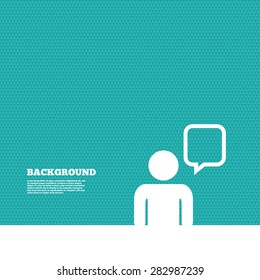 Background with seamless pattern. Chat sign icon. Speech bubble symbol. Chat bubble with human. Triangles green texture. Vector
