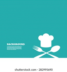 Background with seamless pattern. Chef hat sign icon. Cooking symbol. Cooks hat with fork and spoon. Triangles green texture. Vector