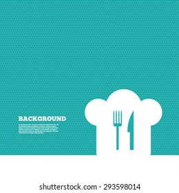 Background with seamless pattern. Chef hat sign icon. Cooking symbol. Cooks hat with fork and knife. Triangles green texture. Vector
