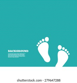 Background with seamless pattern. Child pair of footprint sign icon. Toddler barefoot symbol. Baby's first steps. Triangles green texture. Vector