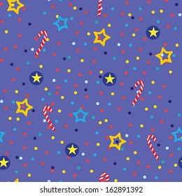 background seamless pattern with Christmas toys. Christmas balls, confetti, stars, balloons, candy.