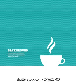 Background with seamless pattern. Coffee cup sign icon. Hot coffee button. Hot tea drink with steam. Triangles green texture. Vector