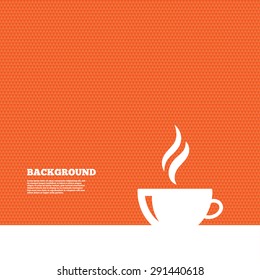 Background with seamless pattern. Coffee cup sign icon. Hot coffee button. Hot tea drink with steam. Triangles orange texture. Vector