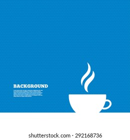 Background with seamless pattern. Coffee cup sign icon. Hot coffee button. Hot tea drink with steam. Triangles texture. Vector