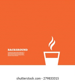 Background with seamless pattern. Coffee glass sign icon. Hot coffee button. Hot tea drink with steam. Takeaway. Triangles orange texture. Vector