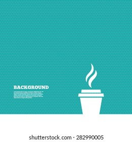 Background with seamless pattern. Coffee glass sign icon. Hot coffee button. Hot tea drink with steam. Takeaway. Triangles green texture. Vector